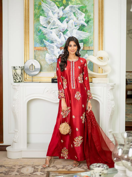 Souchaj | Raw Silk Hand Embellished 3 Piece Dress