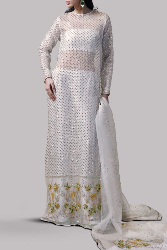 Muse – Egret Embellished Organza Maxi Set – White